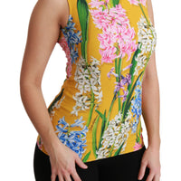 Yellow Floral Stretch Top Tank Blouse