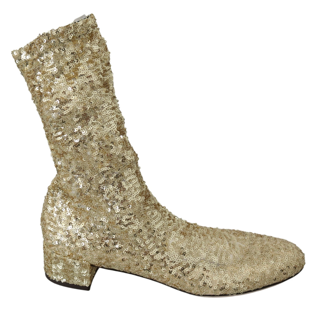 Gold Sequined Stretch Ankle High Boots