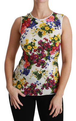 White Floral Sleeveless Tank Blouse Silk  Top