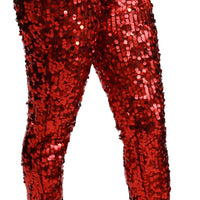 Red Sequined Cropped Trousers Pants