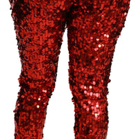 Red Sequined Cropped Trousers Pants