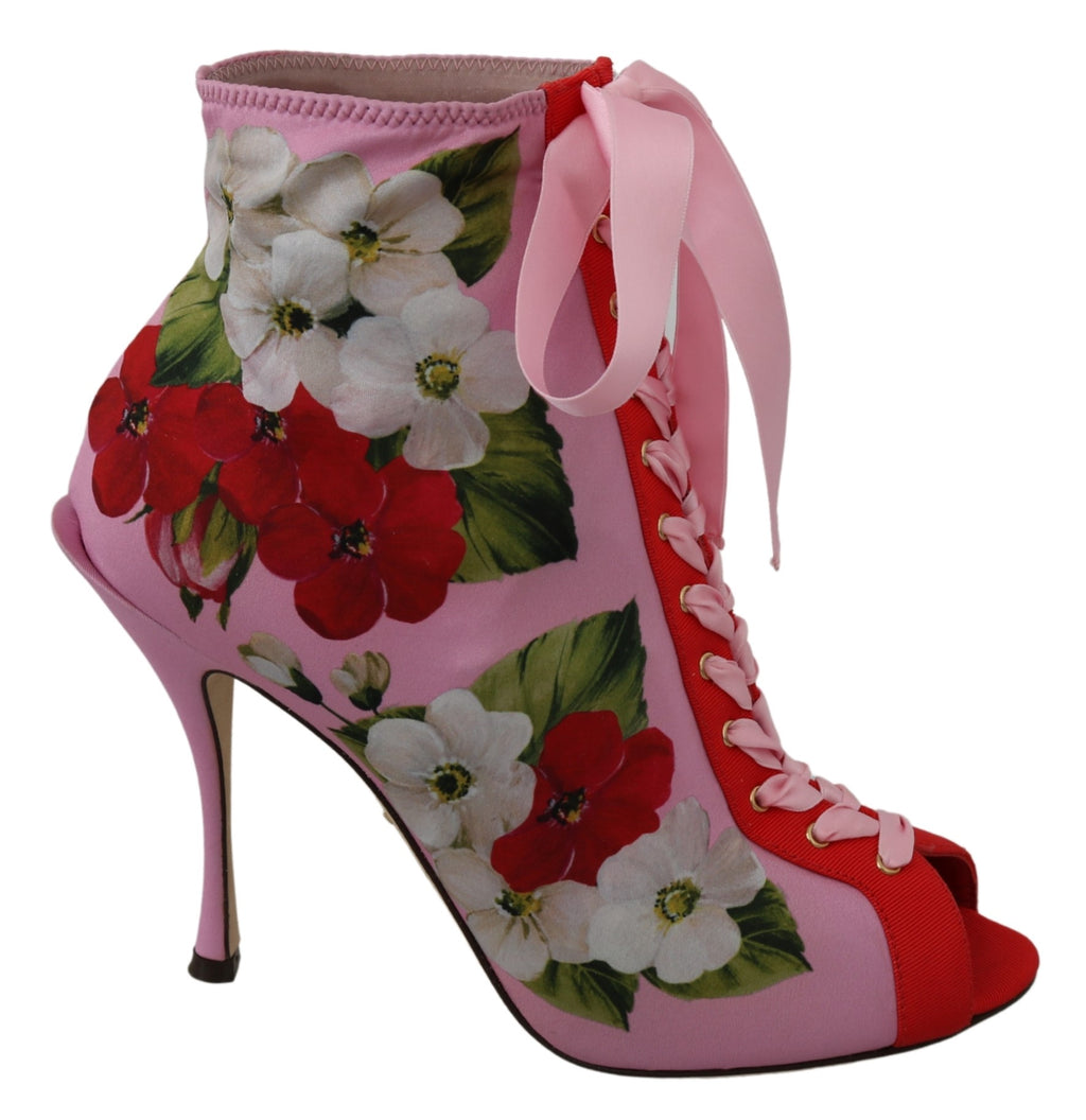 Pink Floral Jersey Stretch Open Toe Boots Shoes