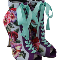 Purple Floral Jersey Stretch Open Boots Shoes