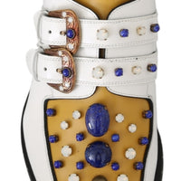 White Yellow Leather Crystals Buckle Monk Strap Shoes