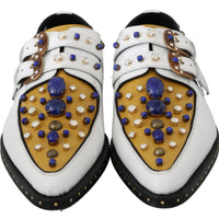 White Yellow Leather Crystals Buckle Monk Strap Shoes