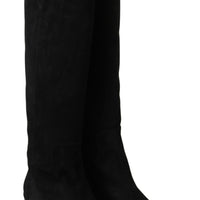 Black Suede Knee High Flat Boots  Shoes