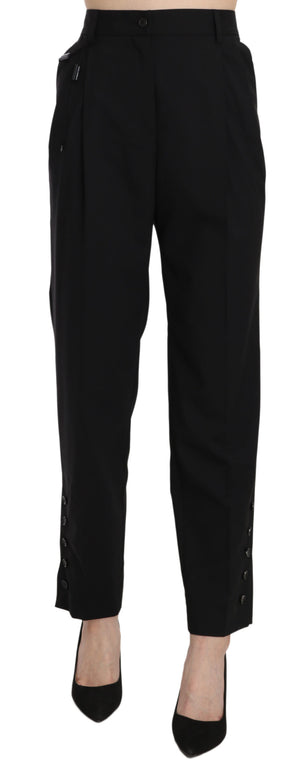 Black Wool Stretch High Waist Pleated Pants