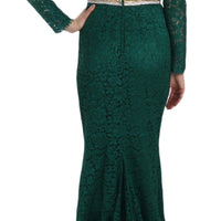 Crystal Gold Belt Lace Sheath Gown Dress