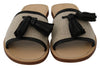 Beige Leather Linen Open Toe Slides Shoes