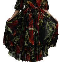 Black Floral Roses Pleated Maxi Silk