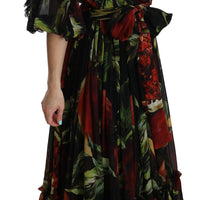 Black Floral Roses Pleated Maxi Silk