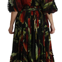 Black Floral Roses Pleated Maxi Silk