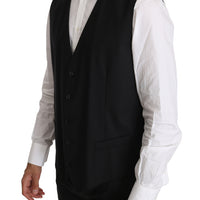 Black Solid Wool Stretch Waistcoat Vest