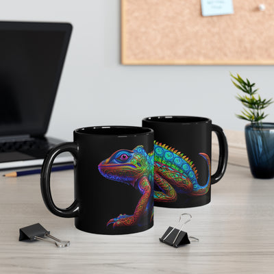 Lizard in Neon Baroque on an 11oz Black Mug