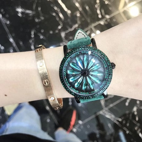 Green Crystals Dial Suede Band Ladie's Watch