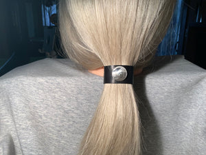 Nickel Concho on Black Leather Hair Tie