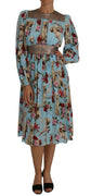 Blue Silk Labrador Dog Roses Print Dress