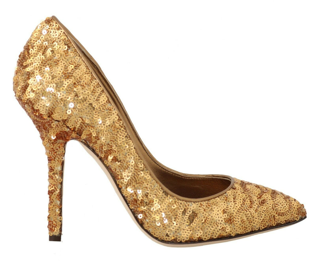 Gold Sequined Leather Pumps Shoes