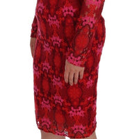 Red Floral Ricamo Sheath Long Sleeve Dress