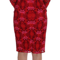 Red Floral Ricamo Sheath Long Sleeve Dress