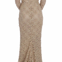 Beige Floral Lace Sheath Maxi Dress