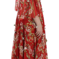 Red Floral Print Silk Maxi Runway Dress