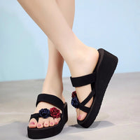 Black Wedge Flip Flop Sandals with Organza Flowers